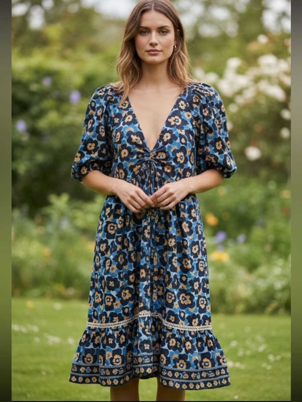 Marigold‎  Micah Dress - Bordeaux Blue Floral Puff-Sleeve Midi Dress XL NWT/NEW